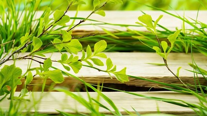 Green leaves on twigs, sward and wooden planks background