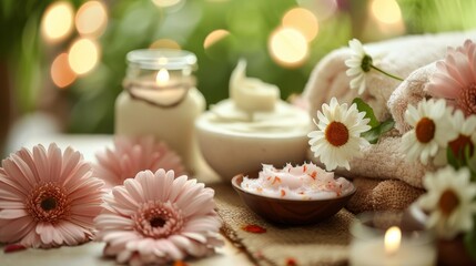 Luxurious spa experience with herbal lotions and fresh flowers Close-up photo with clean background