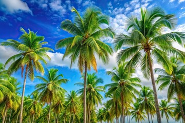 Obraz premium Close-up of green palm trees against a blue sky background, perfect for vacation and holiday backgrounds