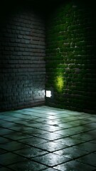 Obraz premium Dark room with tile floor and brick wall background