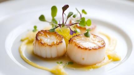 A beautifully plated gourmet dish featuring seared scallops garnished with microgreens and a light lemon sauce on a pale background