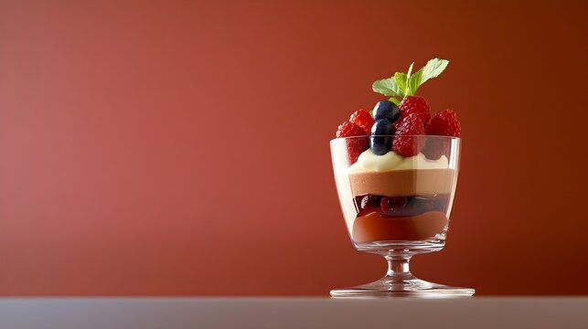 An elegant dessert of chocolate mousse layered with fresh berries, artfully arranged on a minimalist table setting with a soft color backdrop