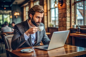 A man in a suit is sitting at a table with a laptop and a cup of coffee. He is working or studying, as he is focused on his laptop screen. The atmosphere of the image is professional and focused.