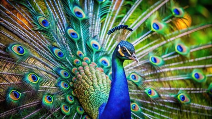 Obraz premium Close-up of peacock displaying its feathers in a jungle setting