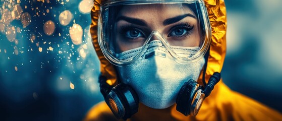 Woman in Protective Suit and Mask with Focus on Eyes in Dramatic Lighting