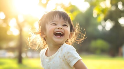 A child laughing joyfully while playing in a sunlit park, capturing the essence of pure happiness