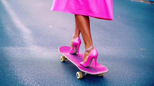 Woman in High Heels Riding Skateboard in Pink Dress