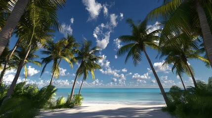 Fototapeta premium A tranquil beach resort scene with palm trees swaying in the gentle breeze and a clear blue sky