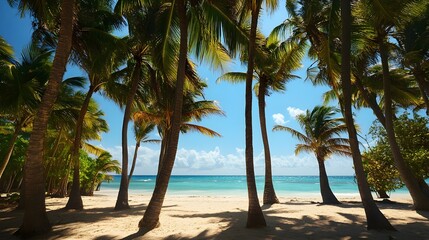 Fototapeta premium A tranquil beach resort scene with palm trees swaying in the gentle breeze and a clear blue sky