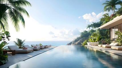 A luxurious infinity pool overlooking the ocean, surrounded by sun loungers and tropical plants