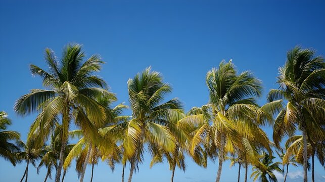 A tranquil beach resort scene with palm trees swaying in the gentle breeze and a clear blue sky