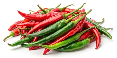 Close-up of red and green chillies with shallow depth of field on white background