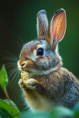 Obraz premium A curious rabbit enjoys a snack in a lush green environment during early morning hours