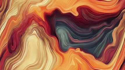 A seamless pattern with flowing, colorful abstract lines resembling a topographical map, blending warm shades of orange, red, and yellow.