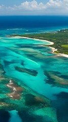 Fototapeta premium An aerial view of the turquoise waters meeting the white sandy beaches of a Caribbean island