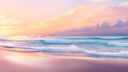 Fototapeta premium A serene beach landscape at sunset, featuring soft waves lapping against the shore with a pastel sky