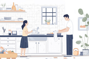 A man and a woman are washing dishes in a kitchen