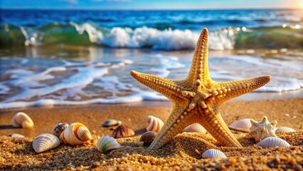 Close-up of starfish and shells on sandy beach near water