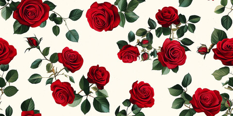 Seamless rose pattern with realistic red roses and green leaves on a light background, evoking classic elegance.