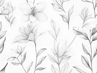 Fototapeta premium Elegant seamless pattern of black and white floral designs with delicate shading, featuring blooming flowers and leaves on a light background.
