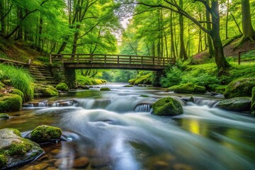 Close-Up of water stream, forest with green trees, bridge connection