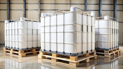 Close-up of white large containers for bulk material on pallets