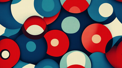 Bold seamless pattern featuring overlapping red, blue, and cream circles on a dark background. Perfect for modern, retro, or abstract design projects.
