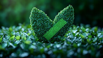 A heart shape formed by green leaves in a lush forest.