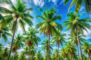 Close-Up palm trees with blue sky background peaceful vacation holiday backgrounds