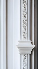 Obraz premium A close-up of ornate window frames featuring decorative moldings, showcasing the beauty of traditional architecture with a minimalistic background