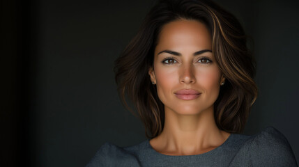Fototapeta premium An ultra-realistic portrait of a 39-year-old Latina woman, her dark chestnut hair styled neatly at shoulder length, wearing a tailored grey business dress, exuding confidence and s
