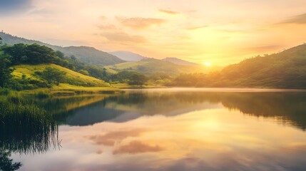 A serene landscape featuring a calm lake reflecting a pastel sunset, surrounded by lush greenery and soft hills