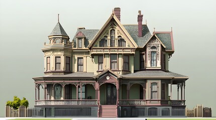 Fototapeta premium A grand Victorian mansion with intricate woodwork and ornate gables, set against a light pastel background