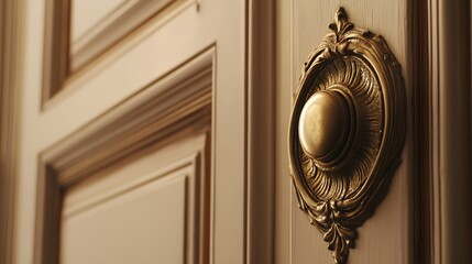 A close-up of a Victorian-style door with detailed carvings and a brass doorknob, featuring a soft beige backdrop