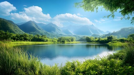 A serene landscape featuring a tranquil lake surrounded by lush greenery, with mountains in the background and a clear blue sky