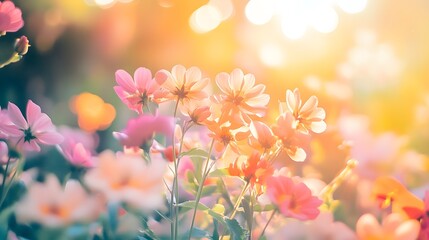 Obraz premium A close-up of a vibrant flower garden in full bloom, with sunlight filtering through the petals against a soft backdrop