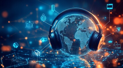 A globe adorned with headphones and various tech icons illustrates the worldwide influence of podcasts