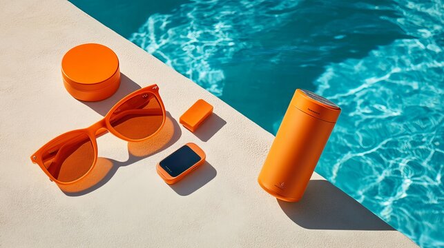 Vibrant orange beach essentials bask in the sunshine beside an inviting pool. Sun cream shields skin from harmful rays, stylish sunglasses protect eyes