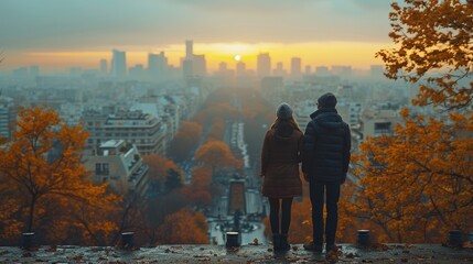 Two individuals stand at a high viewpoint, observing the city's skyline during autumn, surrounded by colorful foliage and embracing the serenity of the rooftop view.
