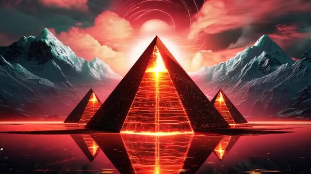 Glowing futuristic neon pyramid against night starry sky. Alien planet. Teleportation to another world. Science fiction concept. Cyberspace metaverse gaming wallpaper. Abstract sci-fi background
