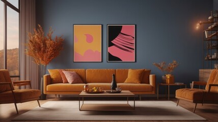 Scandinavian living room with mustard sofa in autumn edition, romantic evening with mood lighting