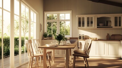 A cozy kitchen nook with a wooden table and chairs, surrounded by neutral-toned walls and ample natural light