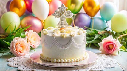 Fototapeta premium A beautifully decorated confirmation cake features a cross, candies, and ornate piping, resting on a lace tablecloth surrounded by festive balloons and fresh flowers.
