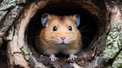 A curious golden hamster peeks out from a wooden burrow in a natural habitat during daylight hours