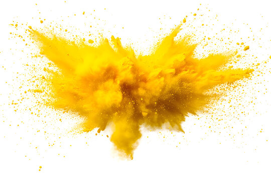 explosion of dry yellow paints on a transparent background. cloud and paint particles. Holi paint