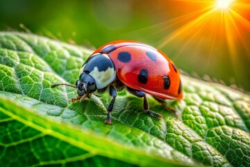 Fototapeta premium A bright red and black ladybird beetle with distinct white spots perches atop a vibrant green leaf, surrounded