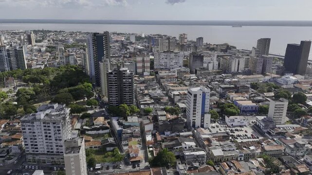 Drone hovers high over west side of Pra&ccedil;a da Rep&uacute;blica, facing south in Bel&eacute;m, Par&aacute;, Brazil