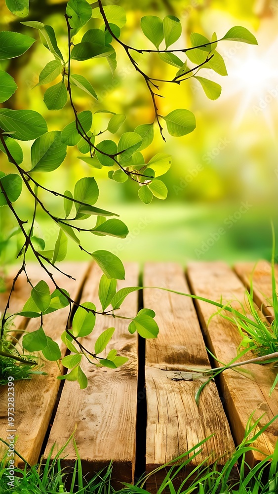 Wall mural green leaves on twigs, sward and wooden planks background