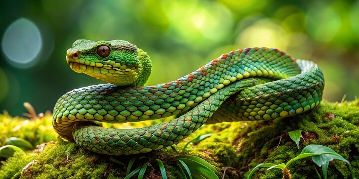 A camouflaged bush viper snake coils on a moss-covered branch, its scaly body blending seamlessly into the lush