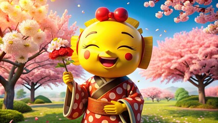 Fototapeta premium A cheerful, bright yellow cartoon character with a wide grin and closed eyes, dressed in a traditional Japanese kimono, holding a giant red cherry blossom.